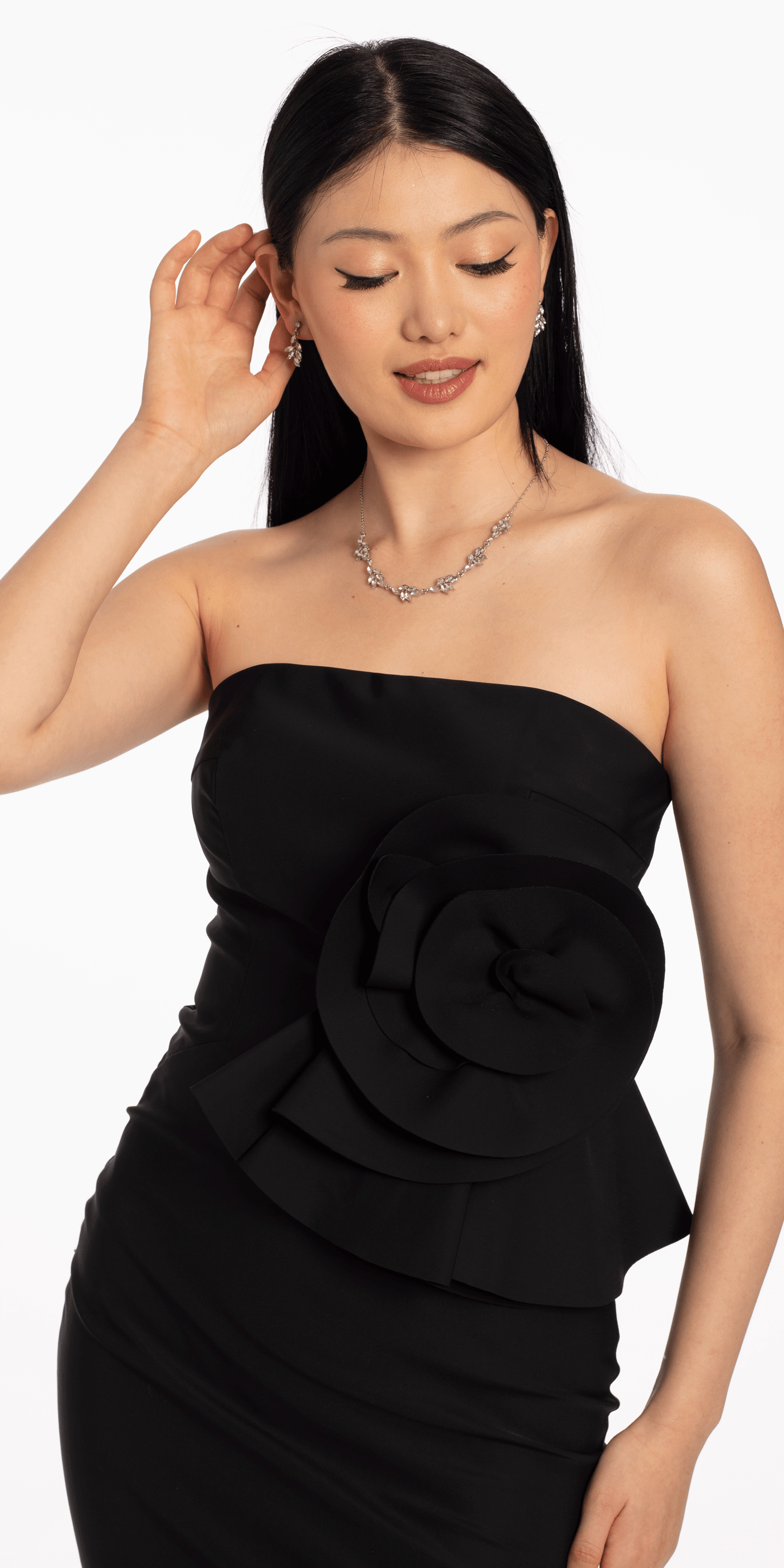 Camille La Vie Strapless Midi Dress with Side Ruched Rose Detail