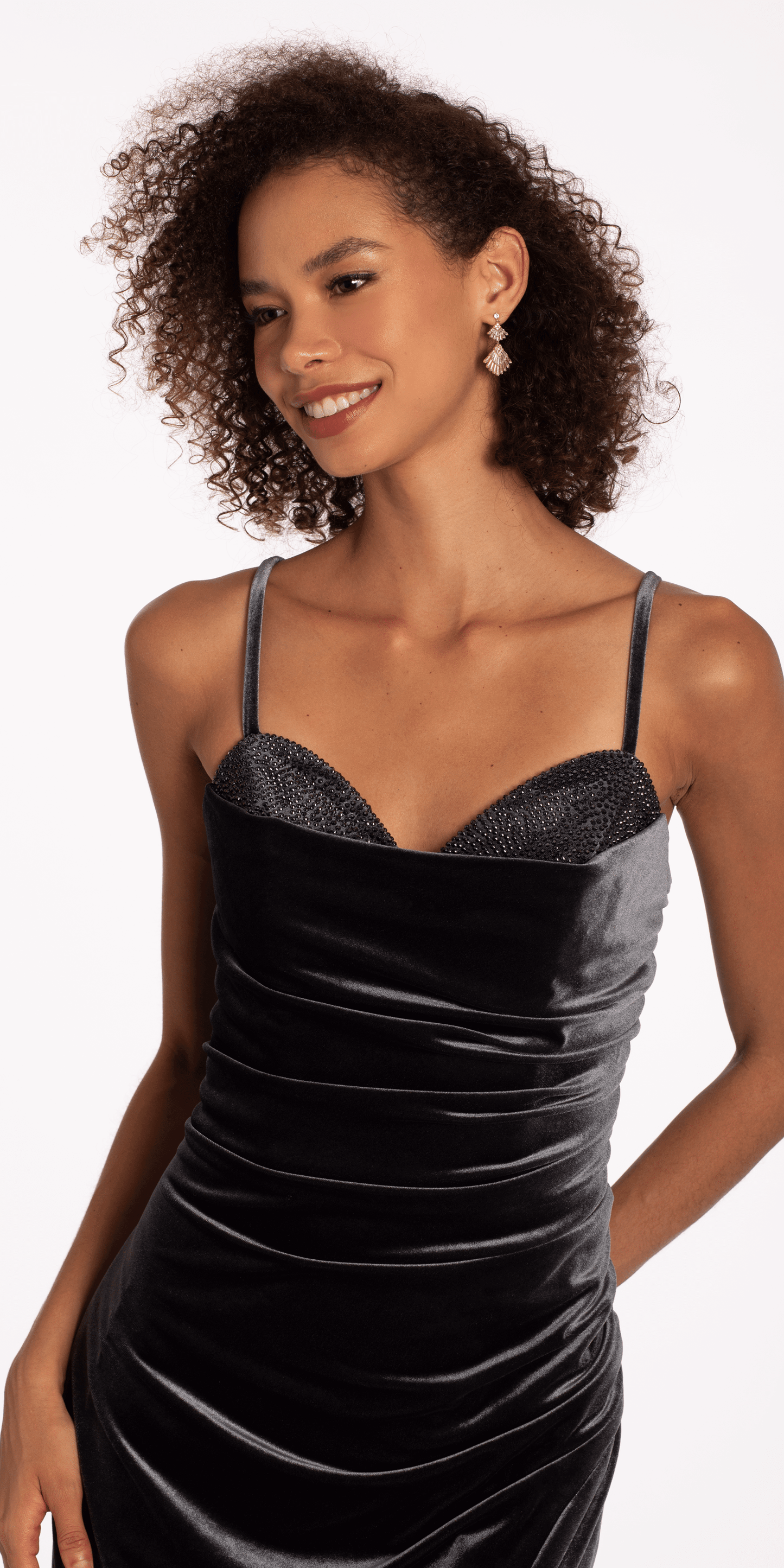 Camille La Vie Beaded Sweetheart Velvet Trumpet Dress with Side Slit