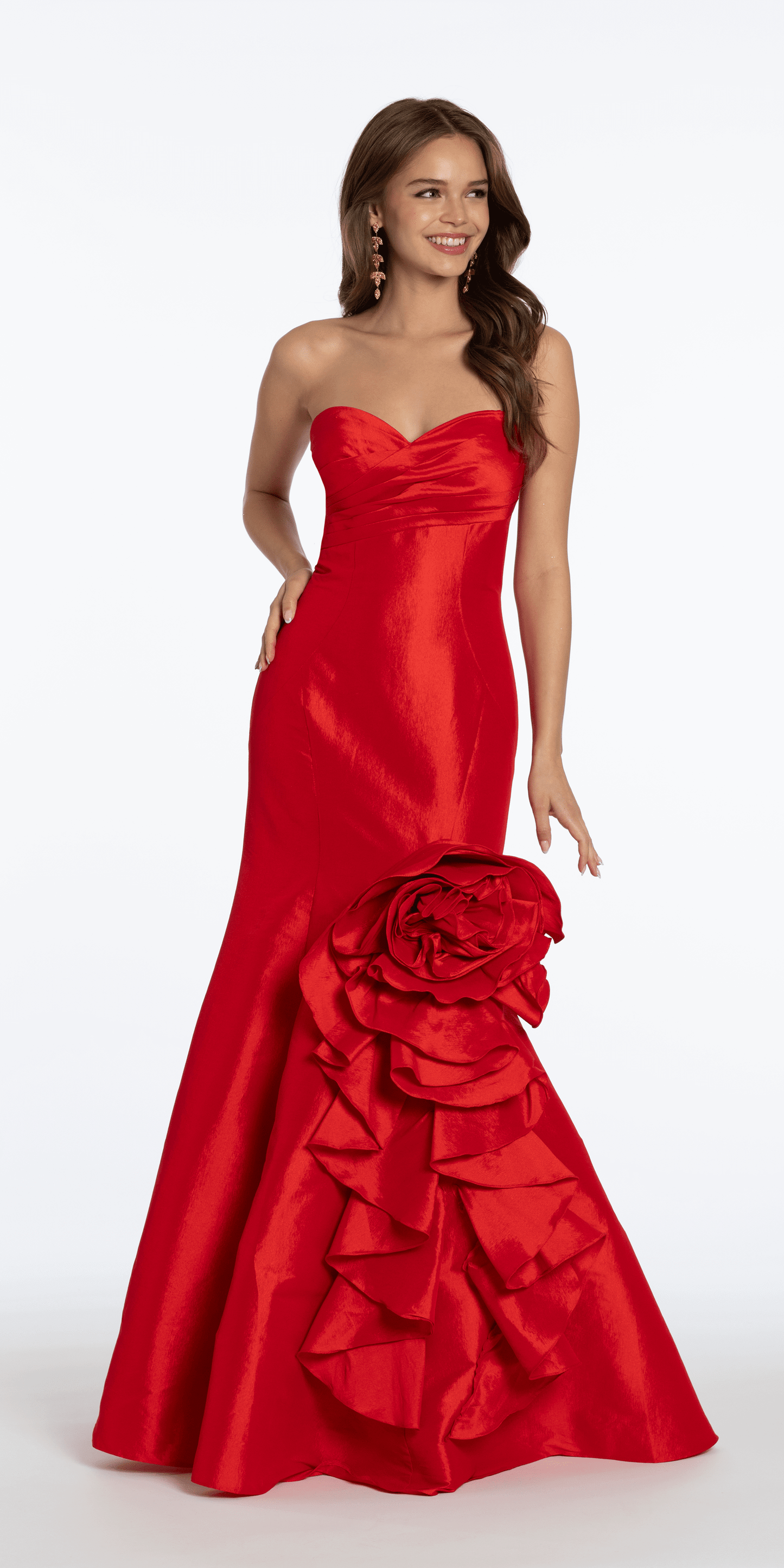 Camille La Vie Stretch Taffeta Mermaid Dress with Ruffle Flower Hem