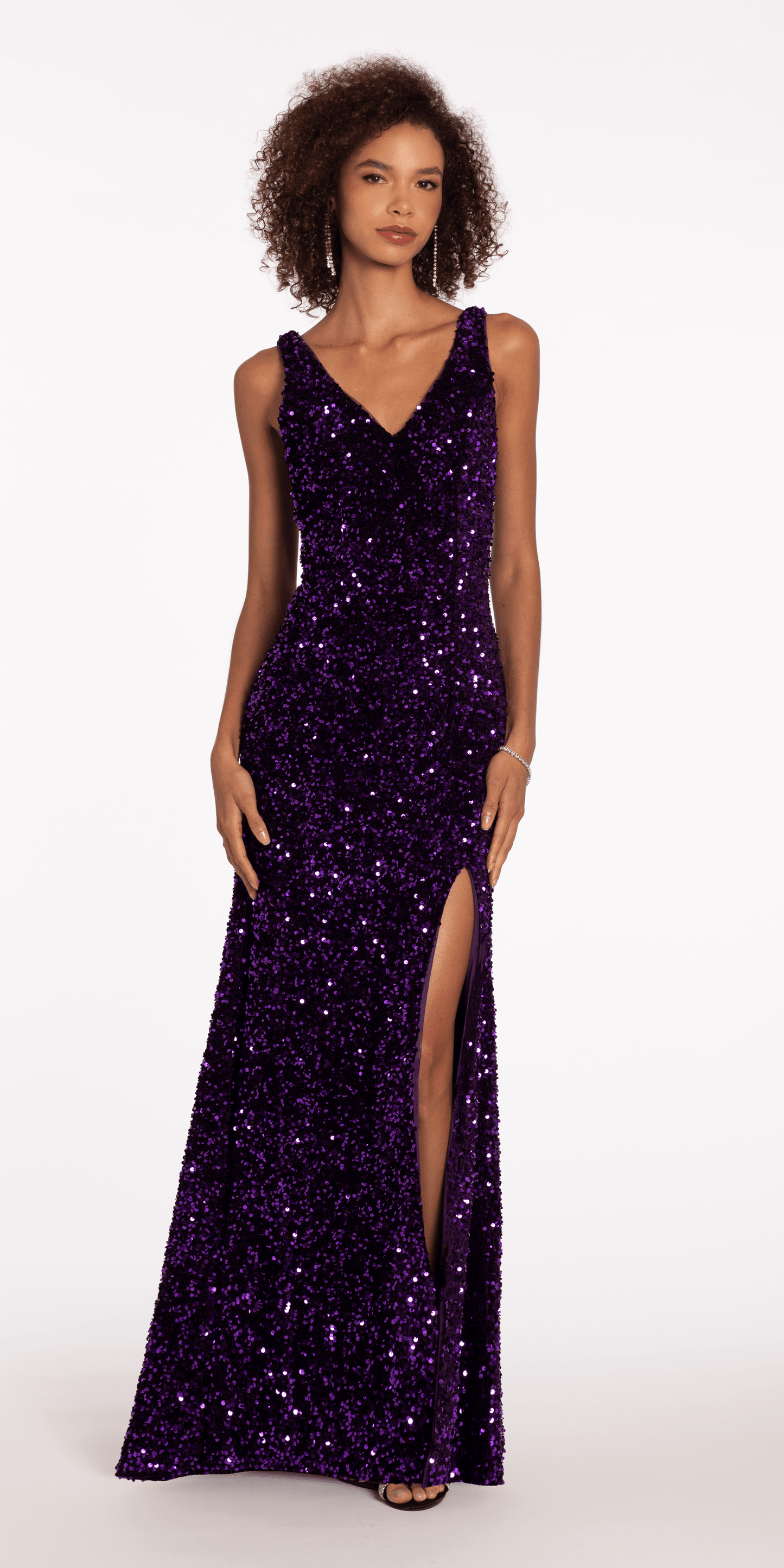 Camille La Vie V Neck Sequin Velvet Trumpet Dress with Side Slit