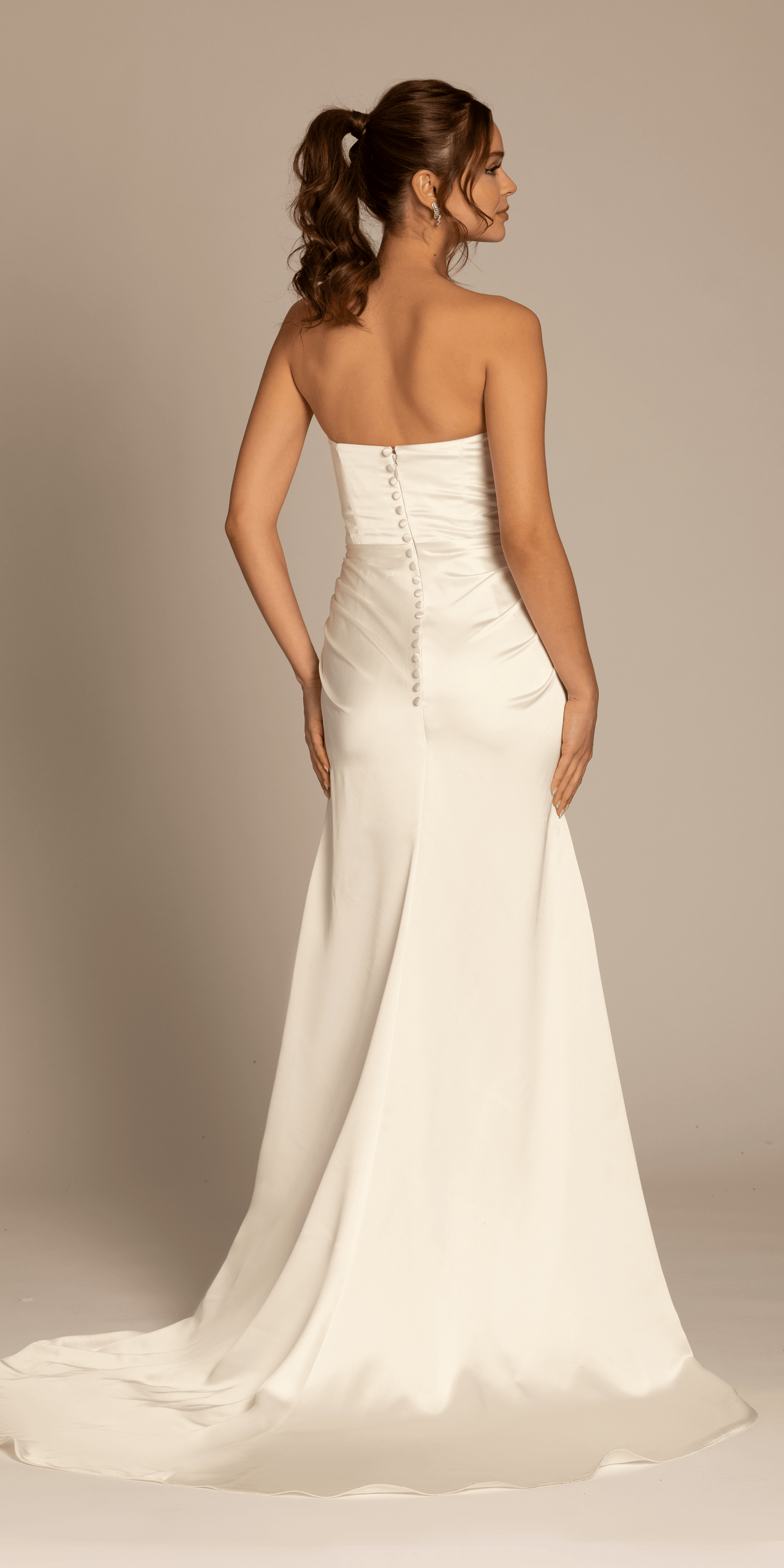 Camille La Vie Satin Mock Wrap Pleated Column Dress with Chapel Train