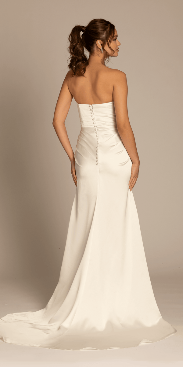 Satin Mock Wrap Pleated Column Dress with Chapel Train Image 5
