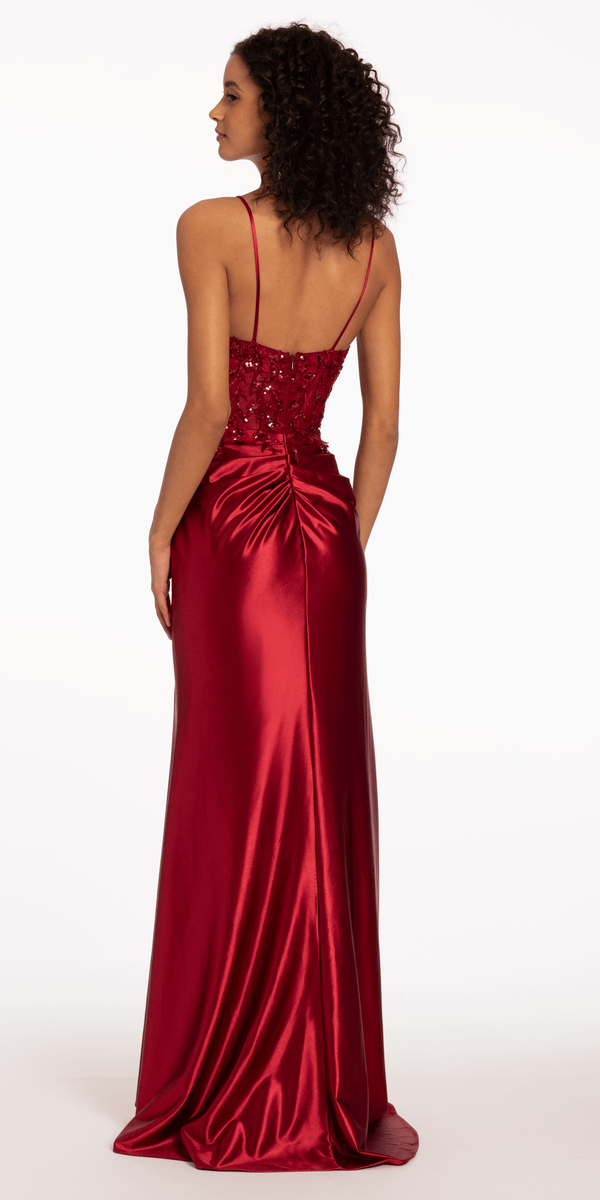 3 D Sequin Satin Sweetheart Corset Dress with Side Slit Image 3