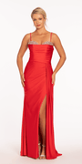 Stretch Satin Beaded Column Dress with Side Cascade Image 4