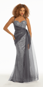 Strappy Back Sequin Glitter Mesh Trumpet Dress with Chiffon Sash Image 1
