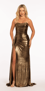 Strapless Metallic Lace Up Back Trumpet Dress with Side Cascade Image 5