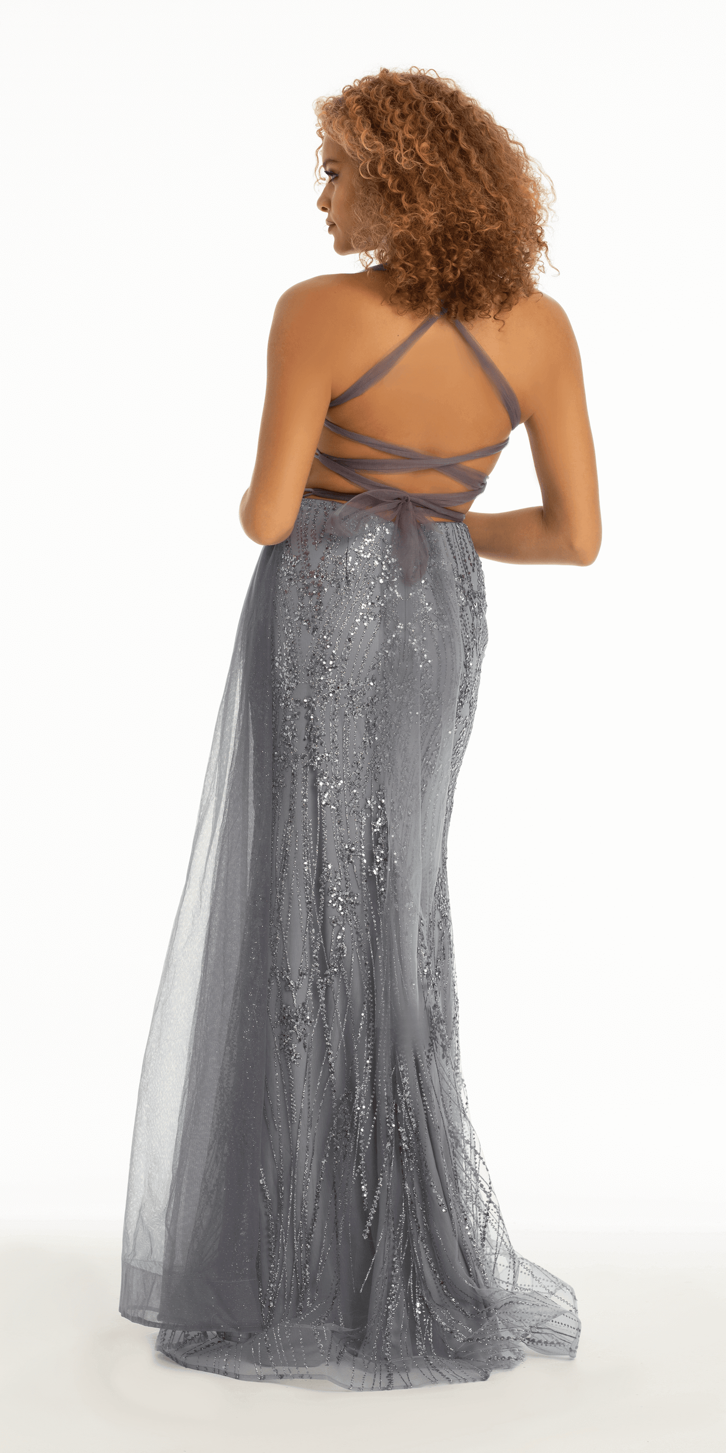 Camille La Vie Strappy Back Sequin Glitter Mesh Trumpet Dress with Chiffon Sash