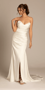 Satin Mock Wrap Pleated Column Dress with Chapel Train Image 3