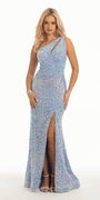One Keyhole Shoulder Sequin Lace Up Back Mermaid Dress with Side Slit Image 2