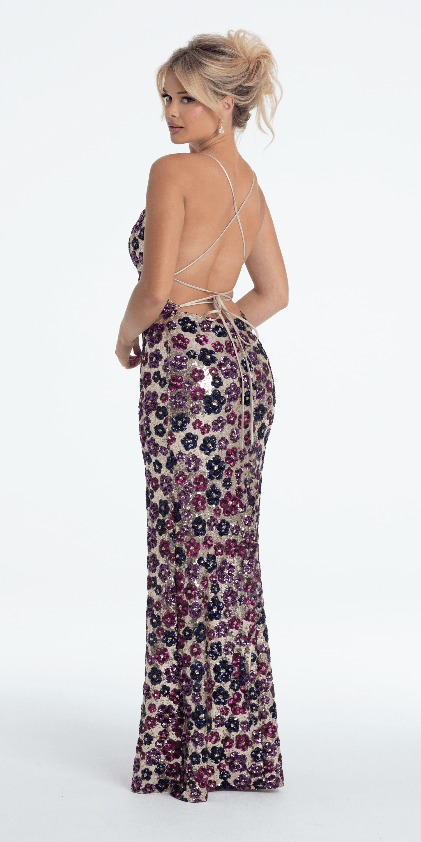 Camille La Vie Strappy Back Sequin Daisy Column Dress with Side Slit