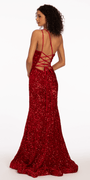 One Keyhole Shoulder Sequin Lace Up Back Mermaid Dress with Side Slit Image 7