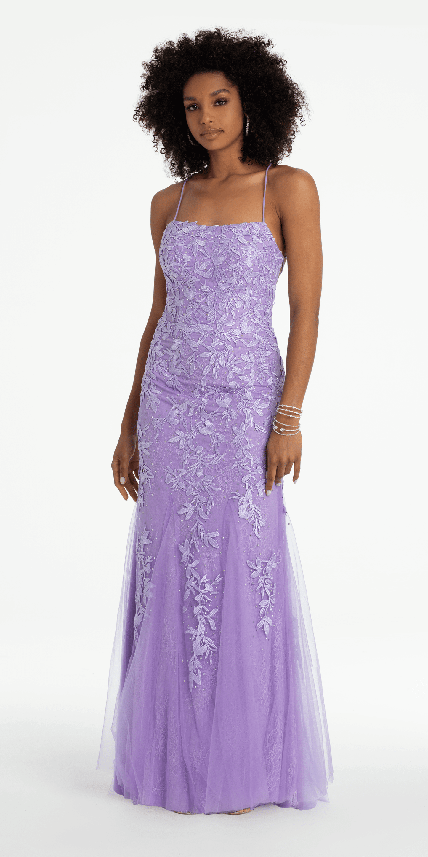 Camille La Vie Strappy Back Embroidered Applique Mesh Dress with Godets