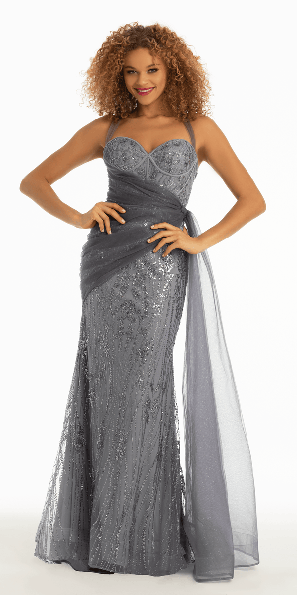 Strappy Back Sequin Glitter Mesh Trumpet Dress with Chiffon Sash Image 2