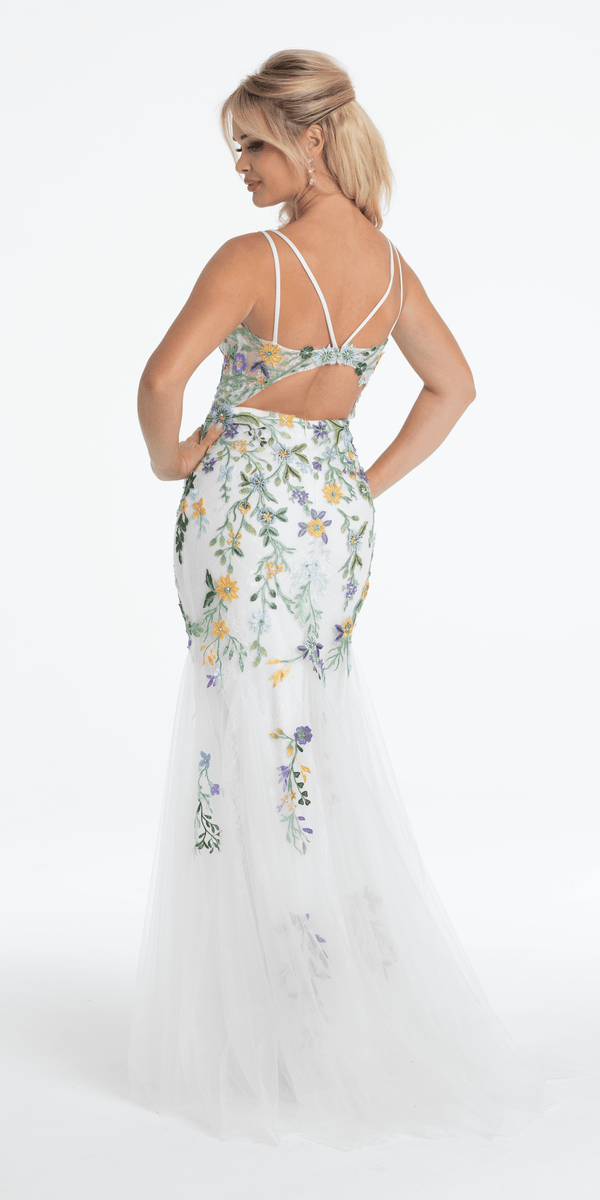 Floral Embroidered Mesh Corset Keyhole Mermaid Dress with Shawl Image 5