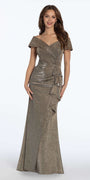 Metallic Off the Shoulder Column Dress with Side Drape Image 1