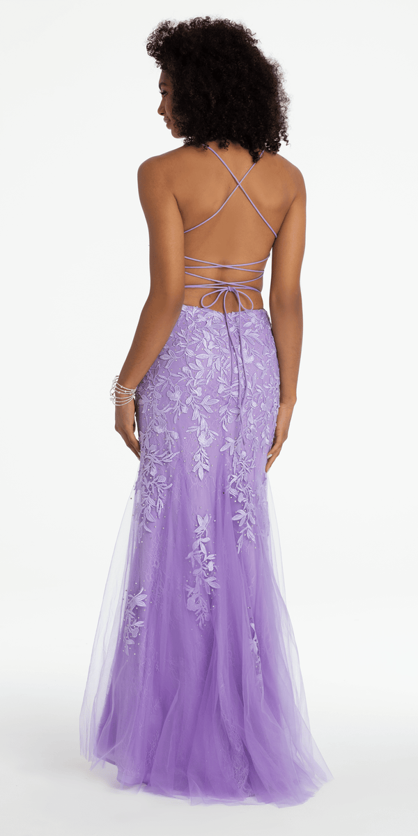 Strappy Back Embroidered Applique Mesh Dress with Godets Image 4