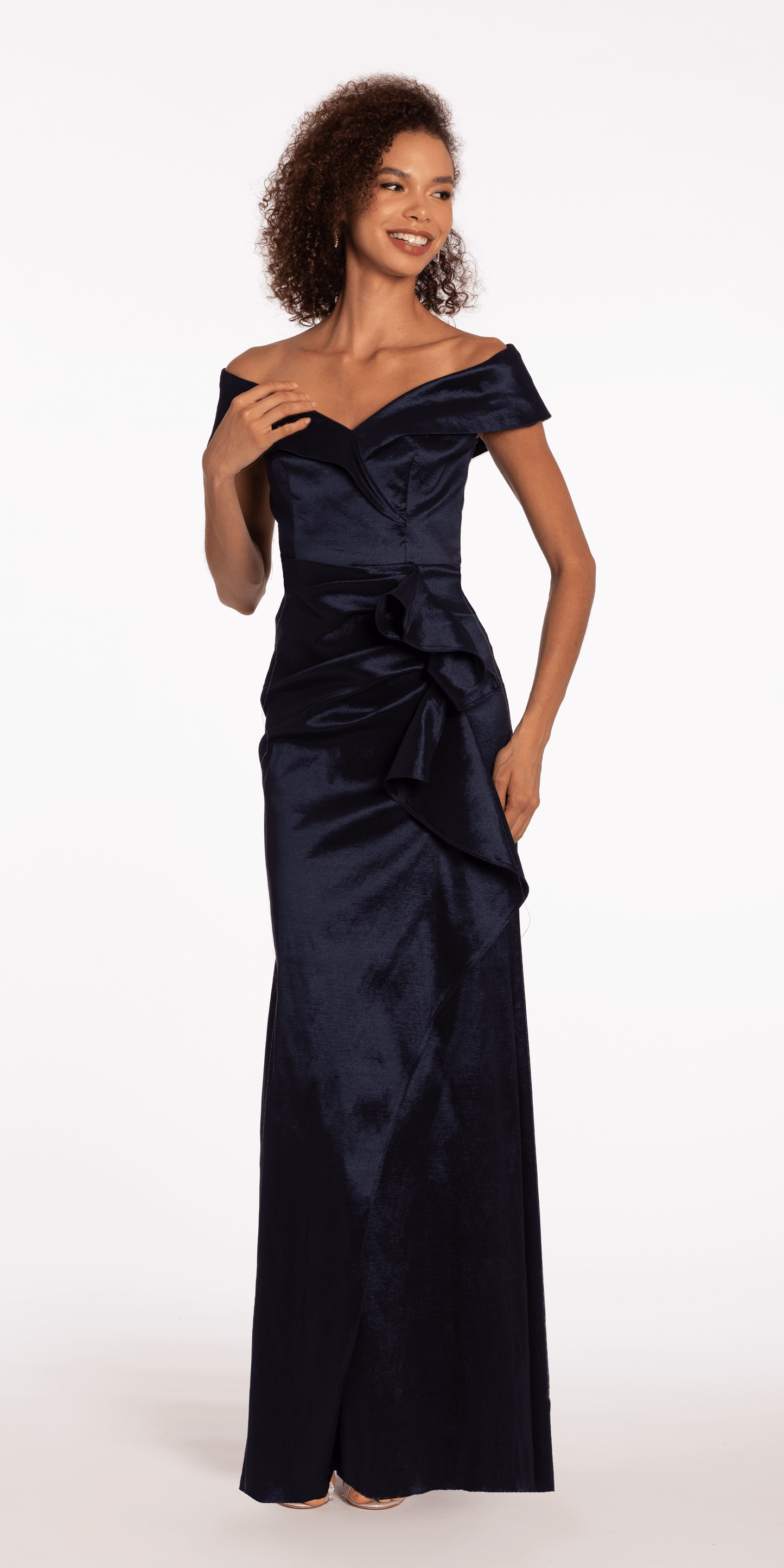 Camille La Vie Taffeta Cuff Off the Shoulder Column Dress with Side Slit