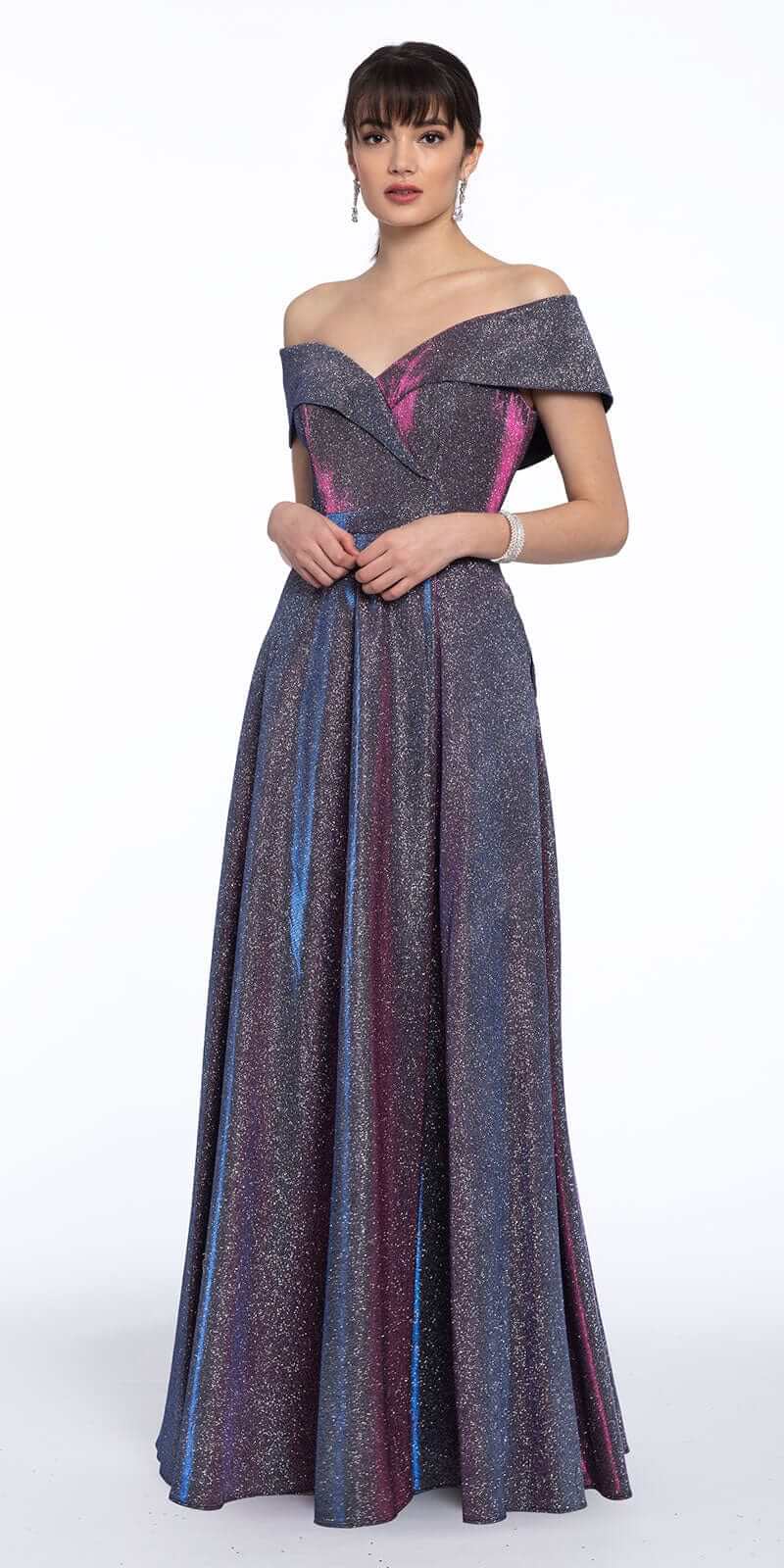 Off The Shoulder Surplice Two Tone Metallic Dress Image 3