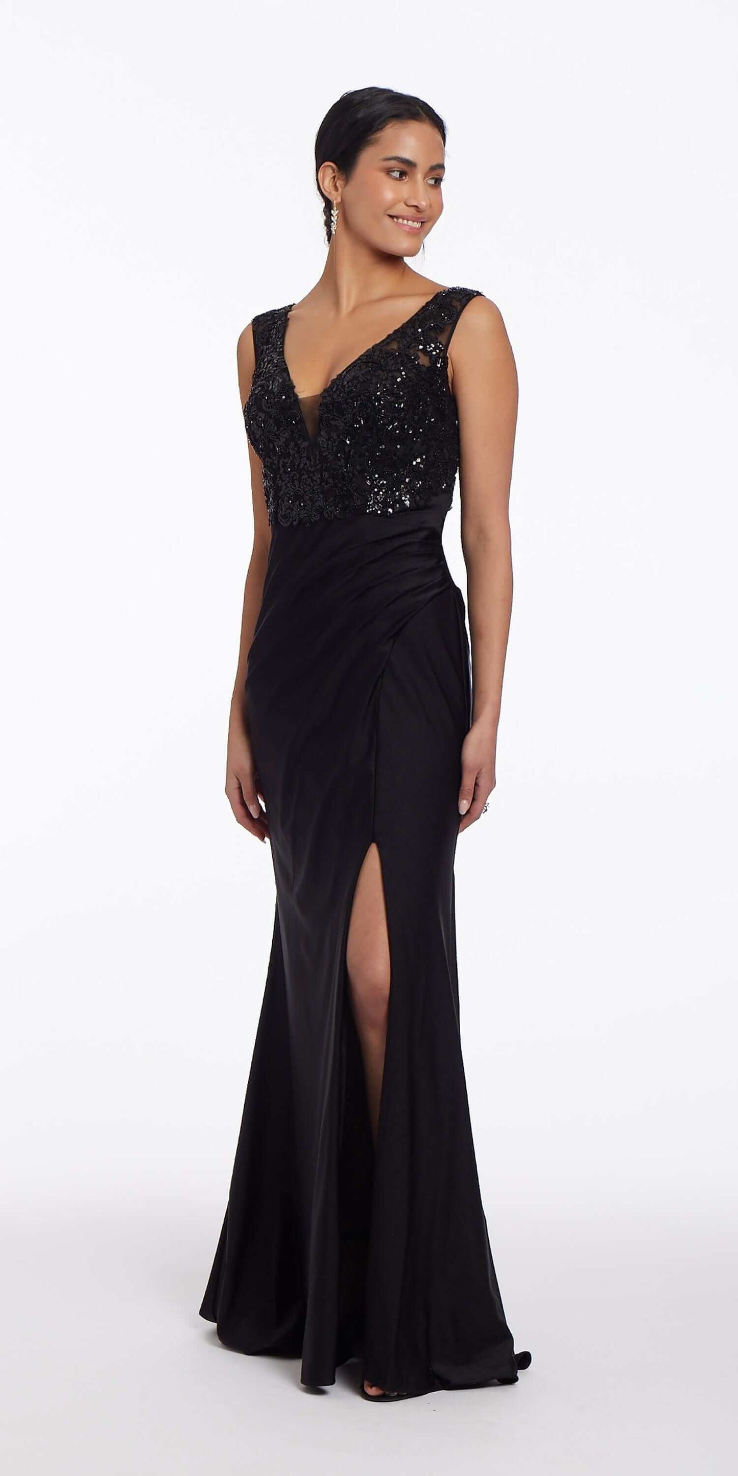 Camille La Vie Deep V Beaded Column Dress with Slit