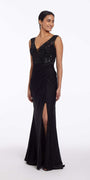 Deep V Beaded Column Dress with Slit Image 1