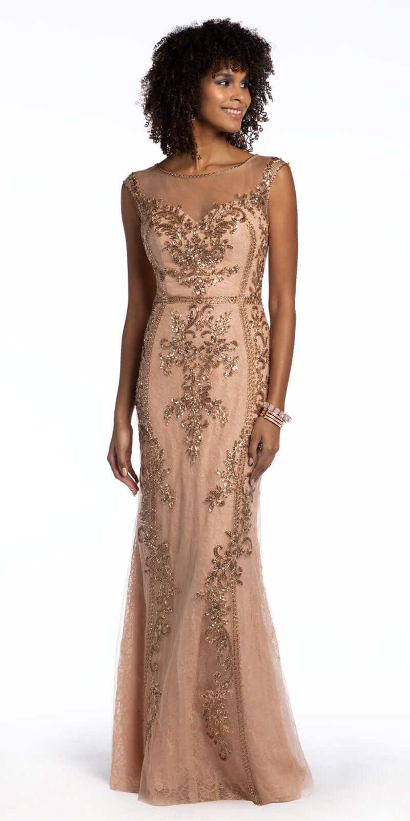 Camille La Vie/ Lace Cap Sleeve Beaded Sheath Dress /missy /size /6 /rose-gold /front