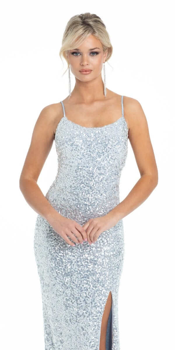 light-blue/ Size 6/ petite/ Camille La Vie/ Side Slit Sequin Tie Back Dress/closeup