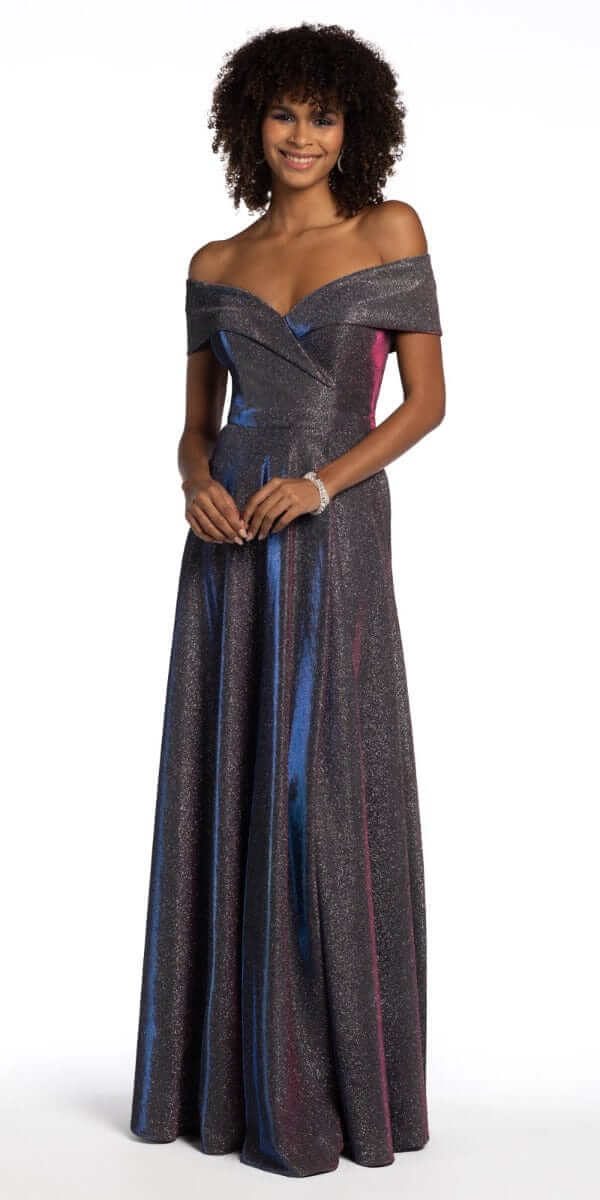 Off The Shoulder Surplice Two Tone Metallic Dress Image 4