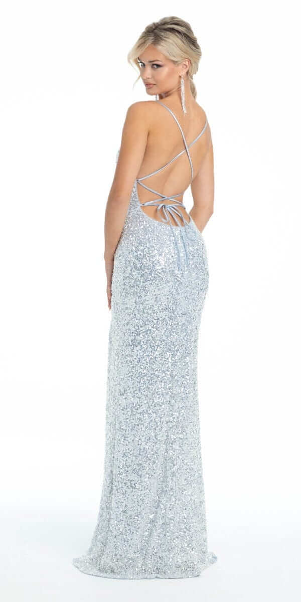 light-blue/ Size 0/ petite/ Camille La Vie/ Side Slit Sequin Tie Back Dress/back