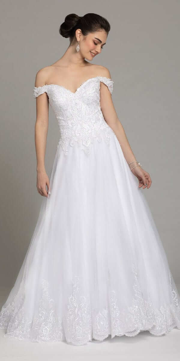 Camille La Vie Off The Shoulder Lace Satin A-Line Gown