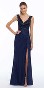Deep V Beaded Column Dress with Slit Image 2