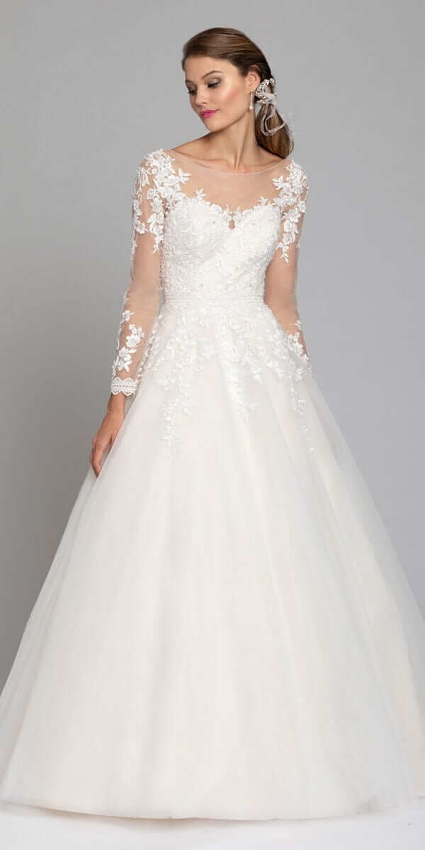 Camille La Vie Long Sleeve Illusion Embroidered Tulle Ballgown
