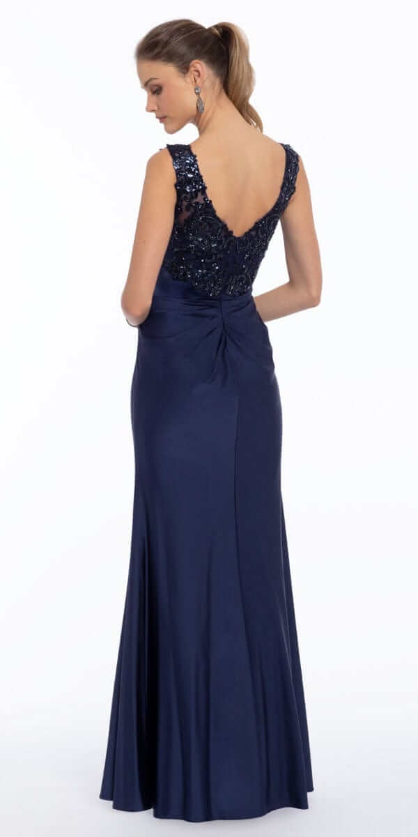 Deep V Beaded Column Dress with Slit Image 3