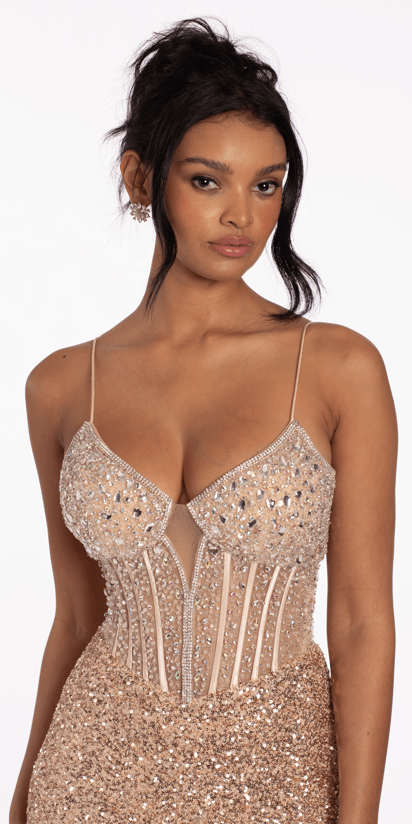 Camille La Vie Stretch Sequin and Crystal Sweetheart Corset Column Dress