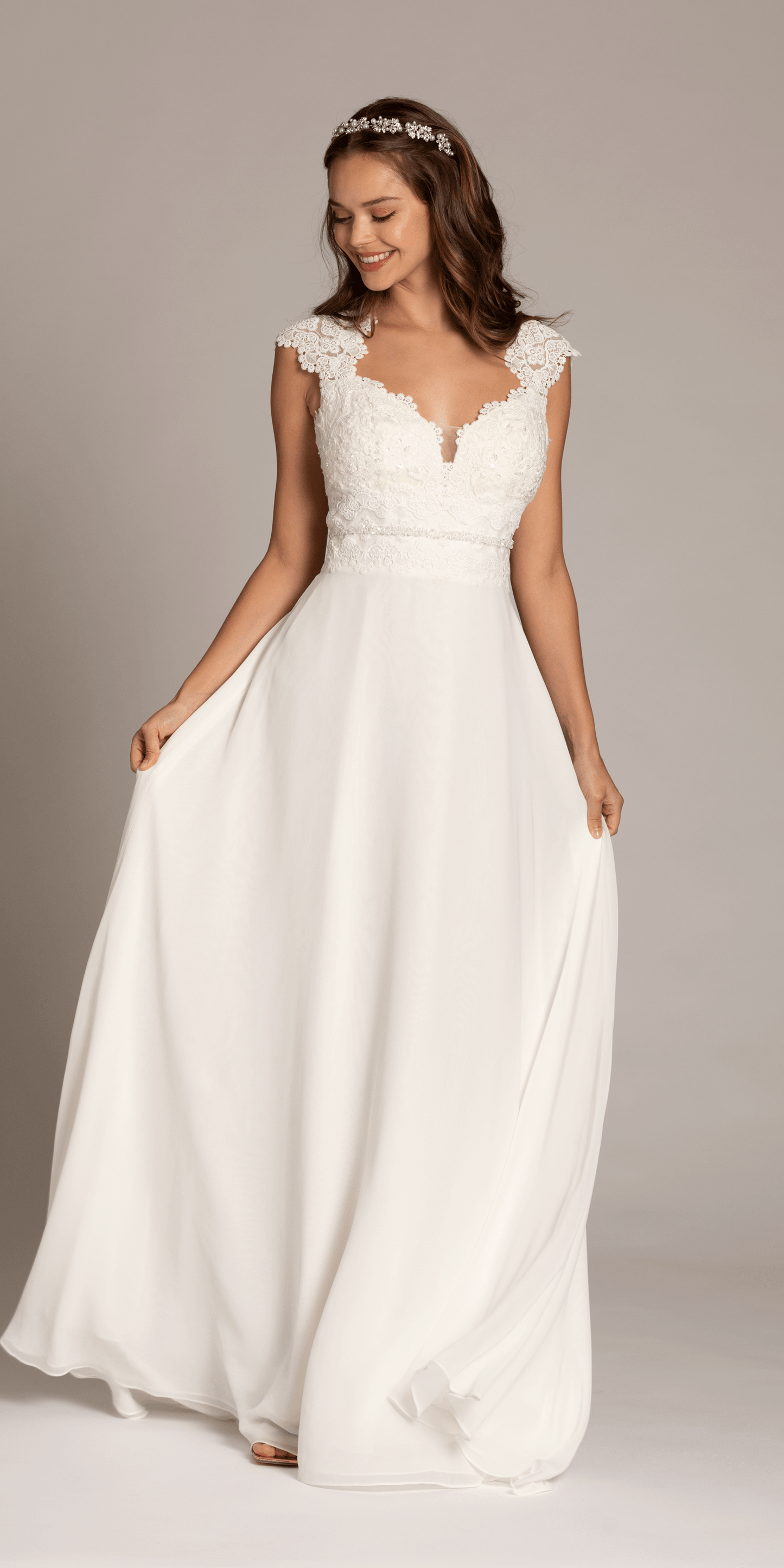 Camille La Vie Cap Sleeve Crocheted Illusion Back Chiffon A Line Dress