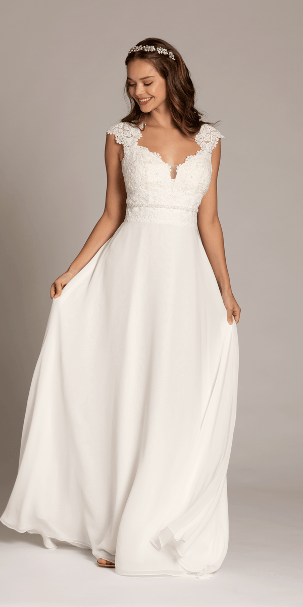 Cap Sleeve Crocheted Illusion Back Chiffon A Line Dress Image 1