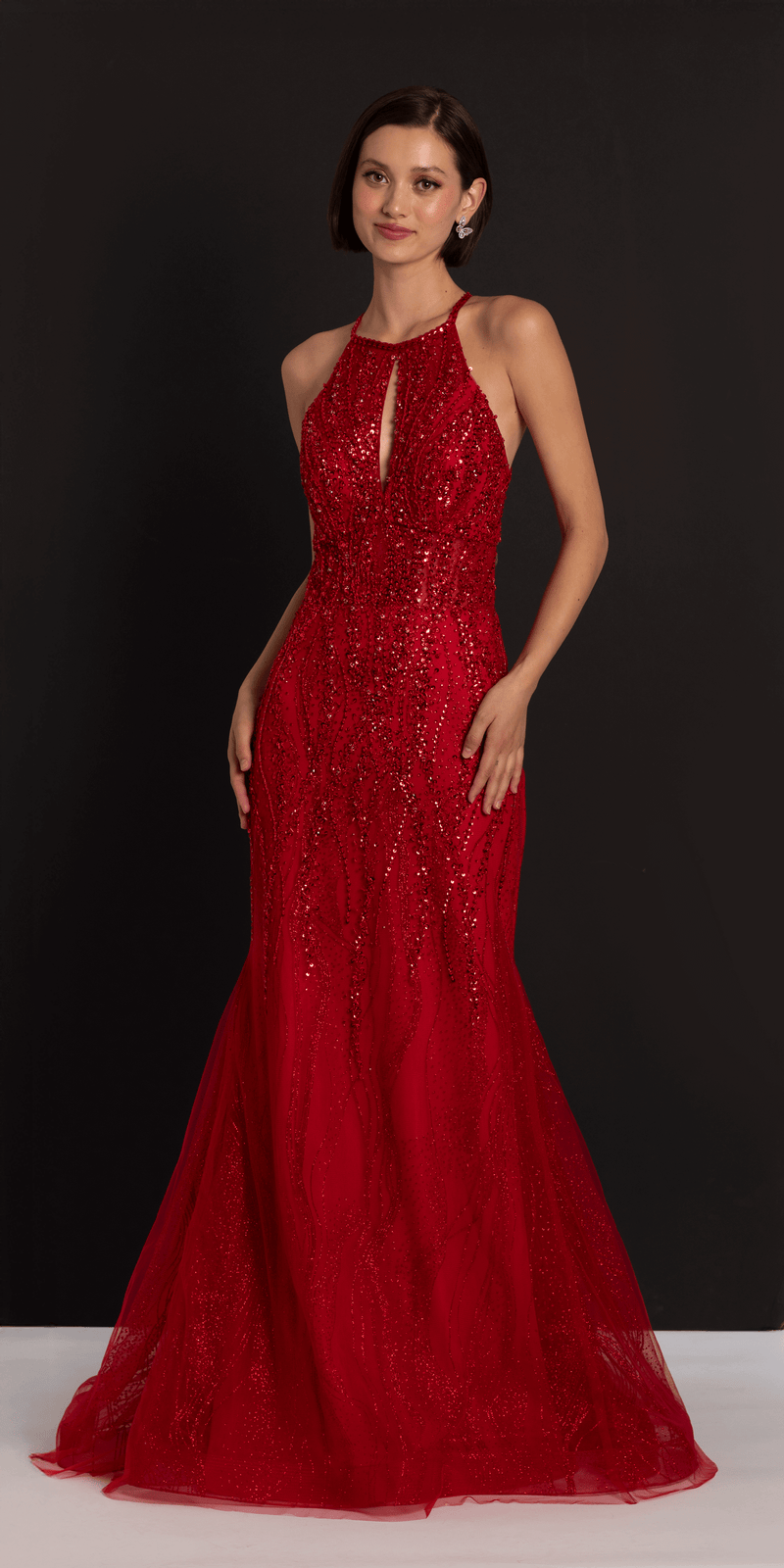 Beaded Mesh Keyhole Halter Trumpet Dress with Godets Image 1