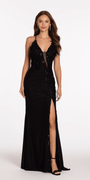 Strappy Back Spandex Halter Trumpet Dress with Beaded Appliques Image 1