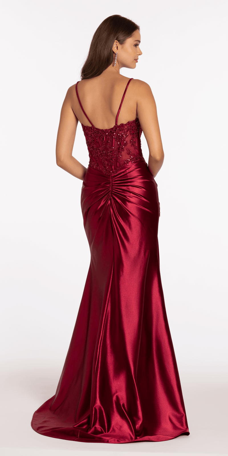 Stretch Satin Scoop Neck Beaded Corset Column Dress with Side Cascade Image 5