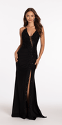Strappy Back Spandex Halter Trumpet Dress with Beaded Appliques Image 3