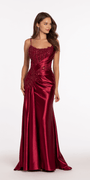 Stretch Satin Scoop Neck Beaded Corset Column Dress with Side Cascade Image 4