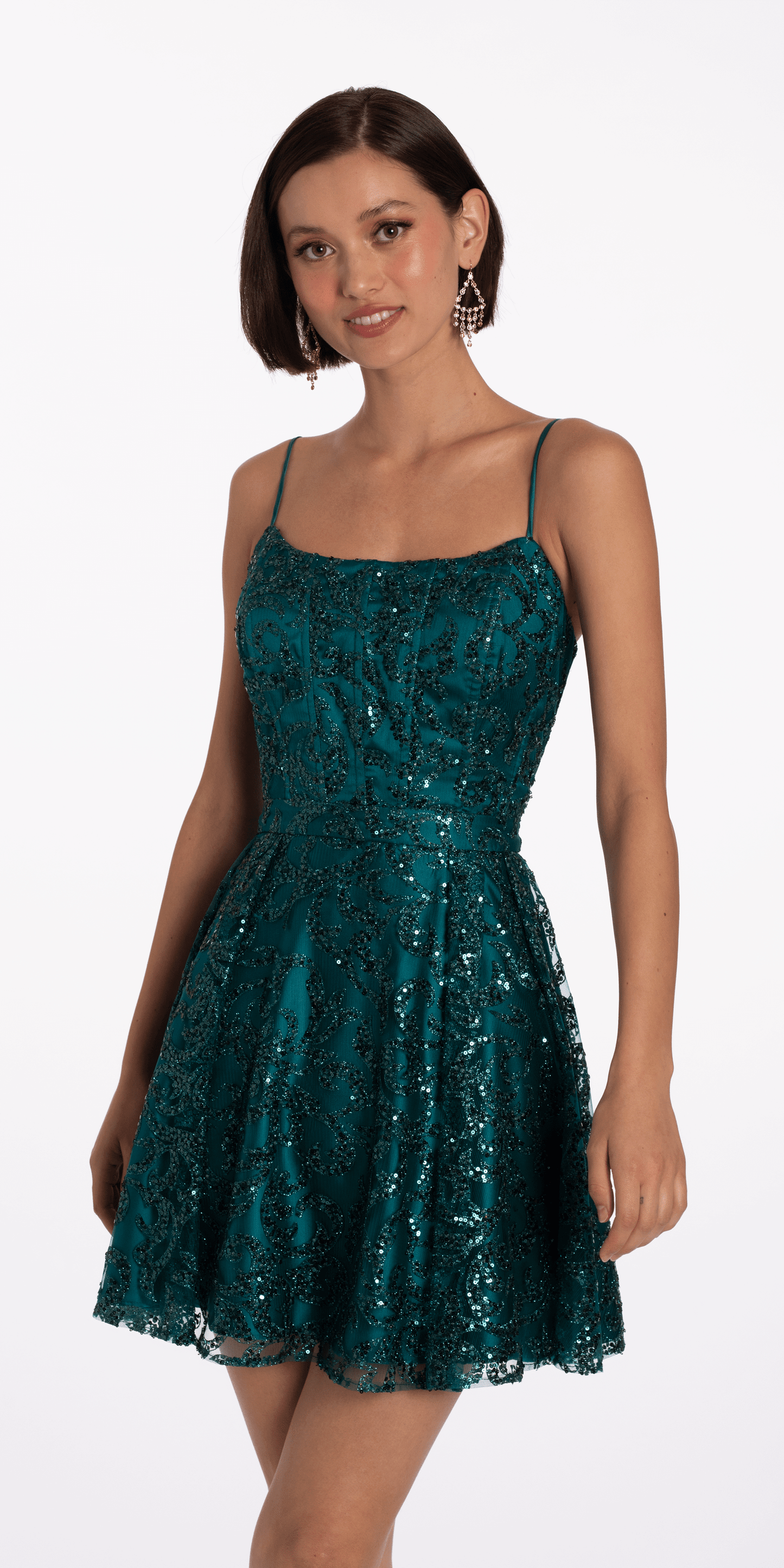 Camille La Vie Square Neck Glitter Mesh Corset Skater Dress