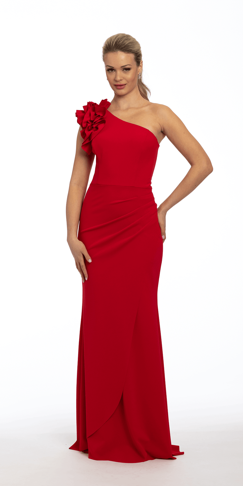 Ruffle One Shoulder Scuba Dress with Ruching and Floral Detail Image 1