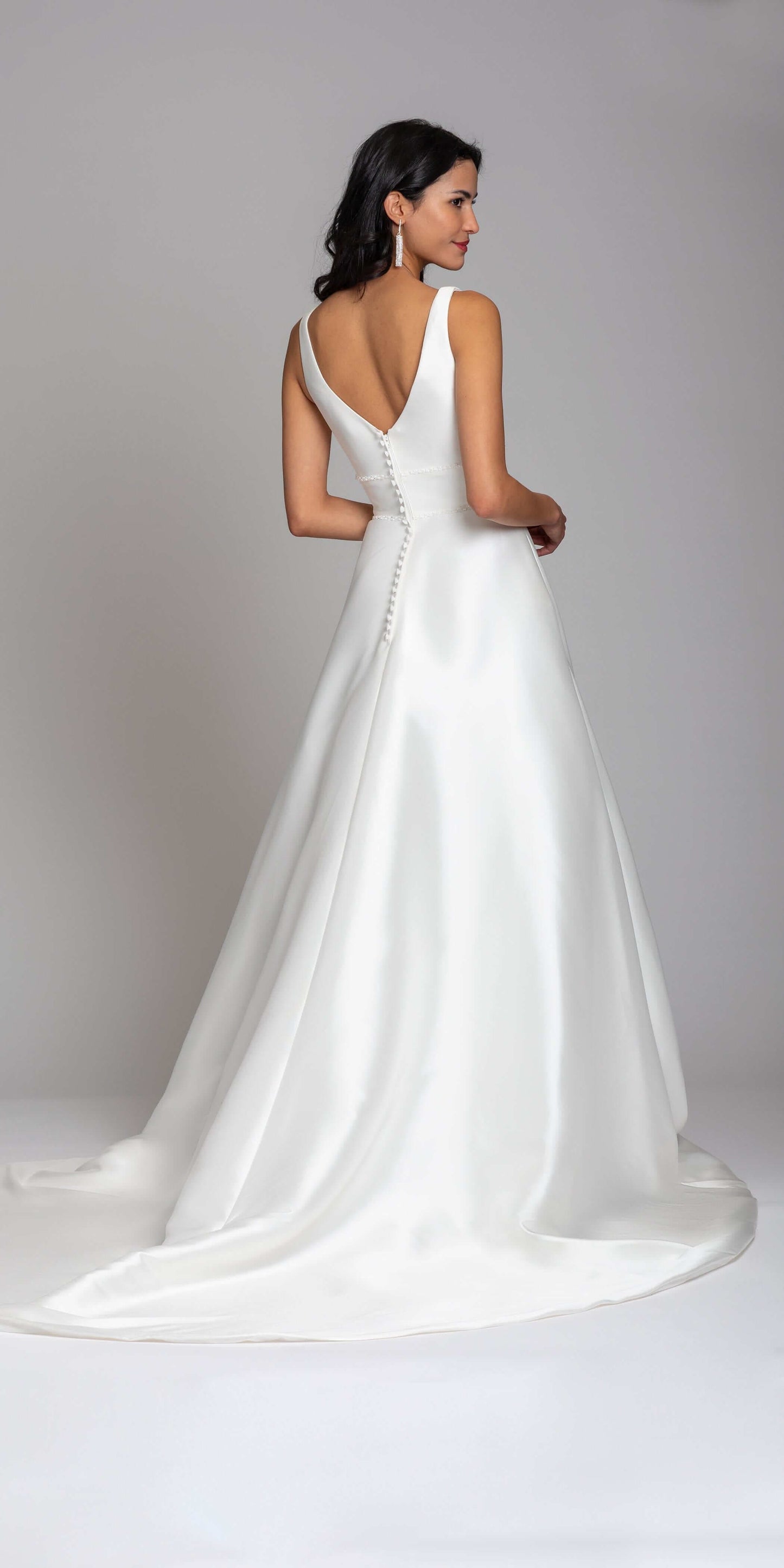 Camille La Vie Mikado Plunging Button Back Ballgown with Cathedral Train missy / 8 / ivory