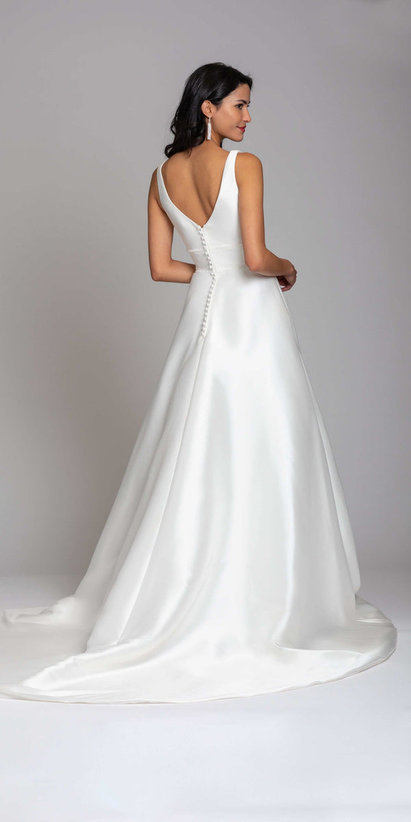 Mikado Plunging Button Back Ballgown with Cathedral Train Image 2