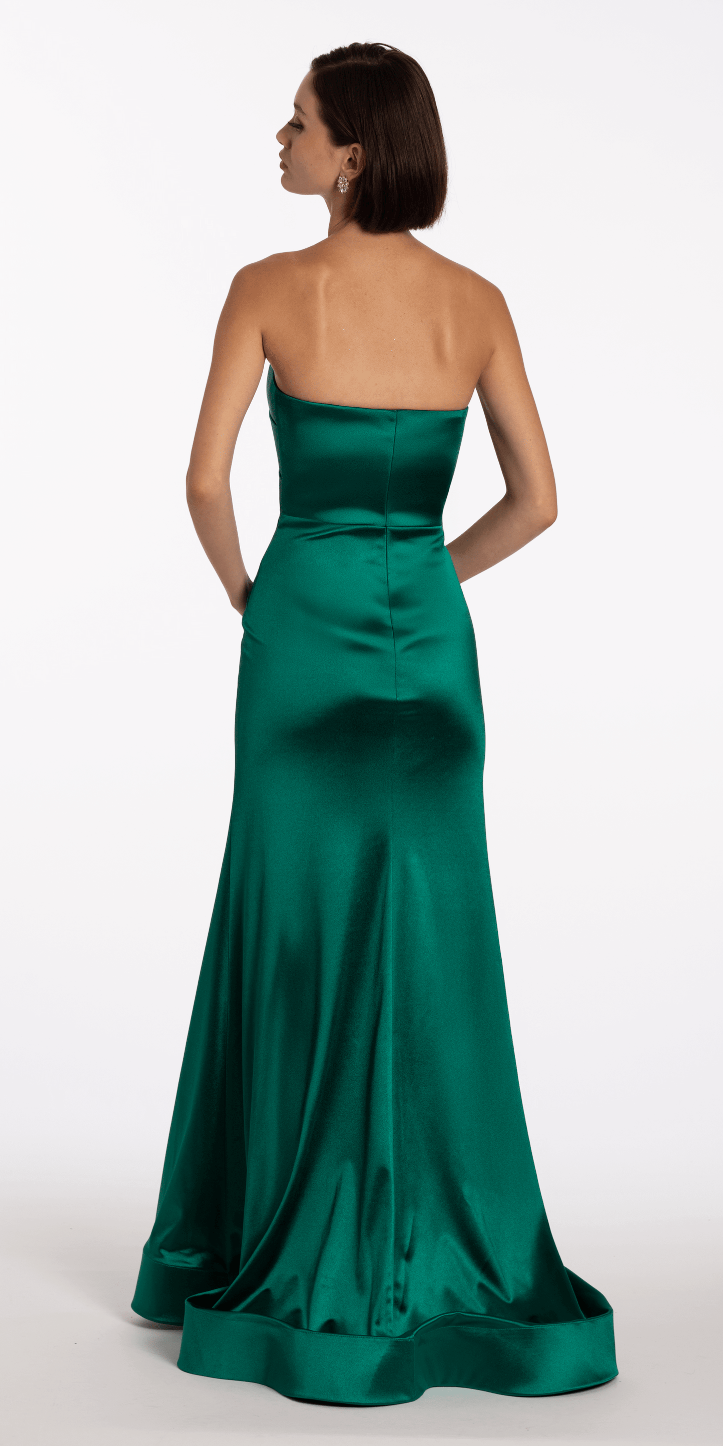 Camille La Vie Satin Pleated Strapless Trumpet Dress with Sweep Train