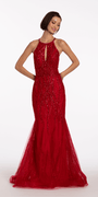 Beaded Mesh Keyhole Halter Trumpet Dress with Godets Image 3