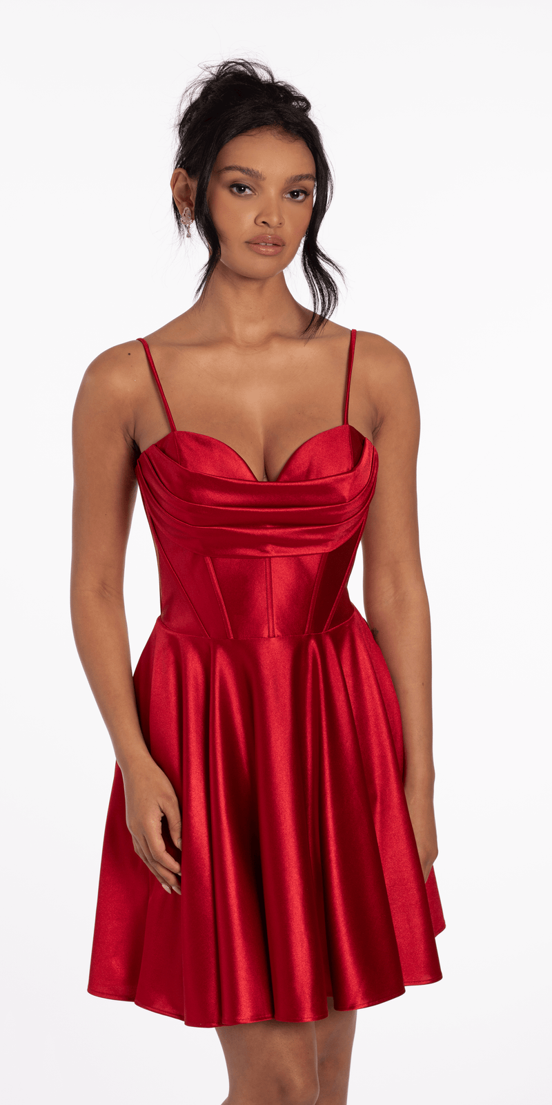 Pleated Shimmer Satin Corset Skater Dress with Pockets Image 3