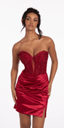 Lace Embroidered Strapless Satin Sweetheart Corset Bodycon Dress Image 3