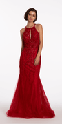 Beaded Mesh Keyhole Halter Trumpet Dress with Godets Image 4