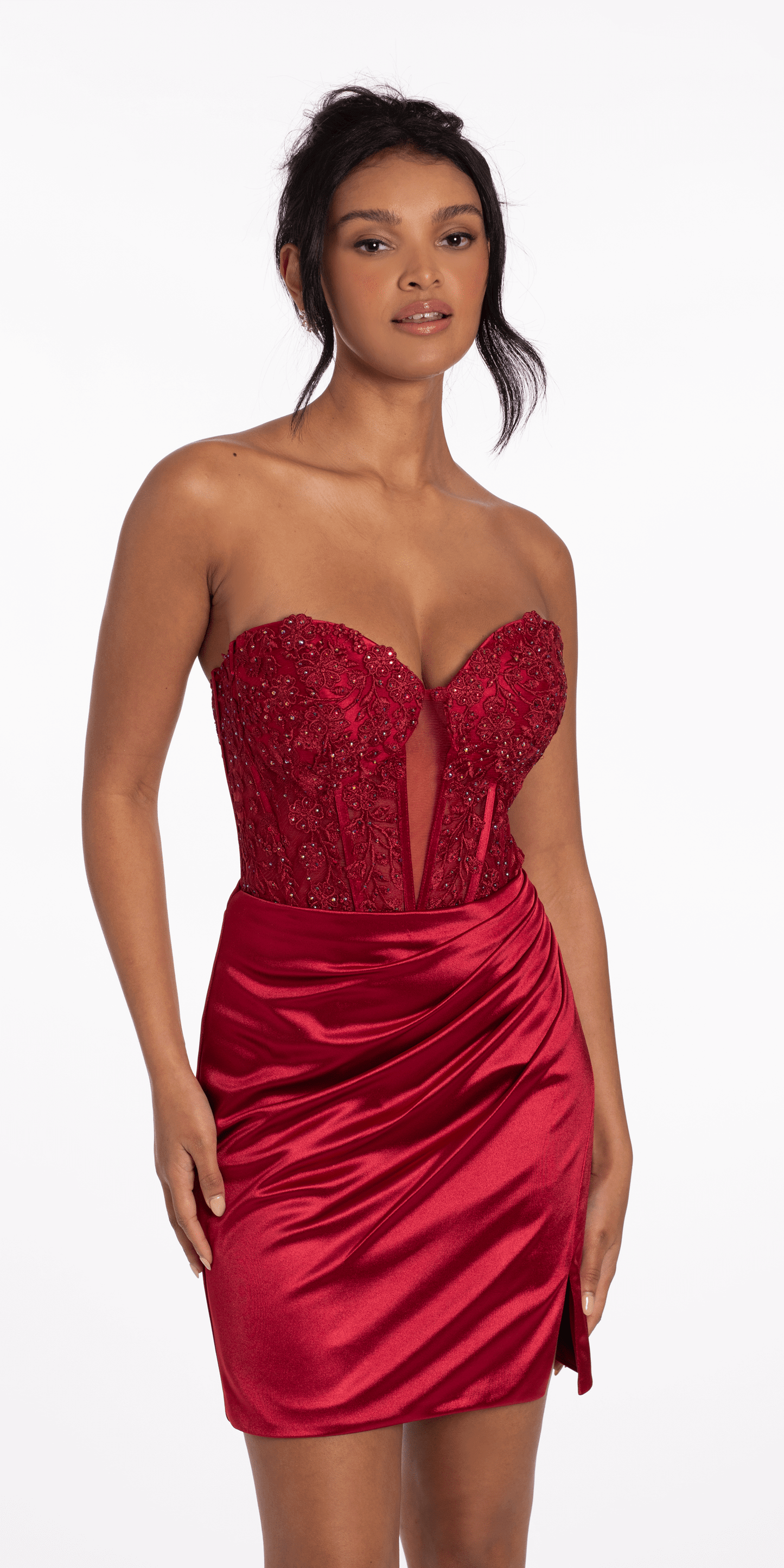 Camille La Vie Lace Embroidered Strapless Satin Sweetheart Corset Bodycon Dress